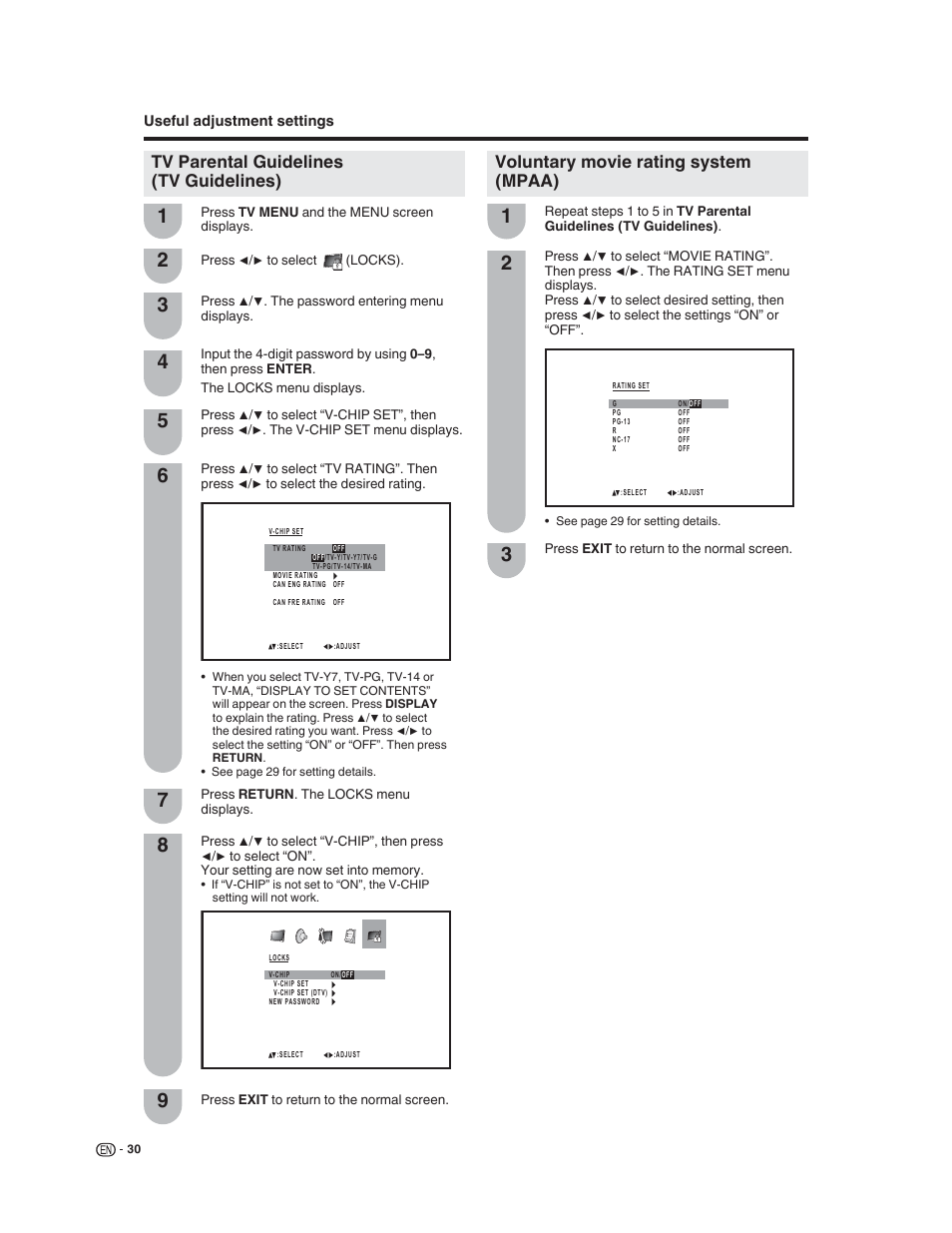 Voluntary movie rating system (mpaa), Tv parental guidelines (tv guidelines) | Sharp LC-32DV22U User Manual | Page 32 / 62