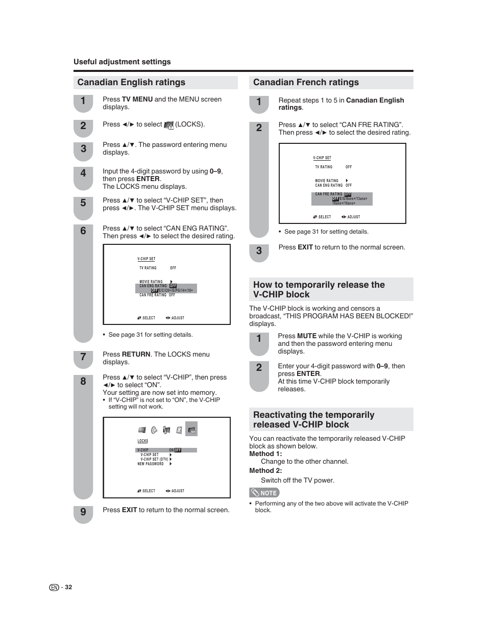 How to temporarily release the v-chip block, Reactivating the temporarily released v-chip block, Canadian english ratings canadian french ratings | Sharp LC-32DV22U User Manual | Page 34 / 62