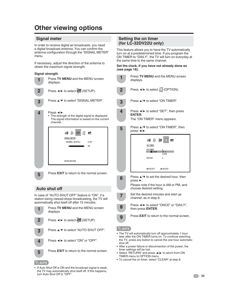 Other viewing options, Signal meter, Auto shut off | Setting the on timer (for lc-32dv22u only) | Sharp LC-32DV22U User Manual | Page 35 / 62