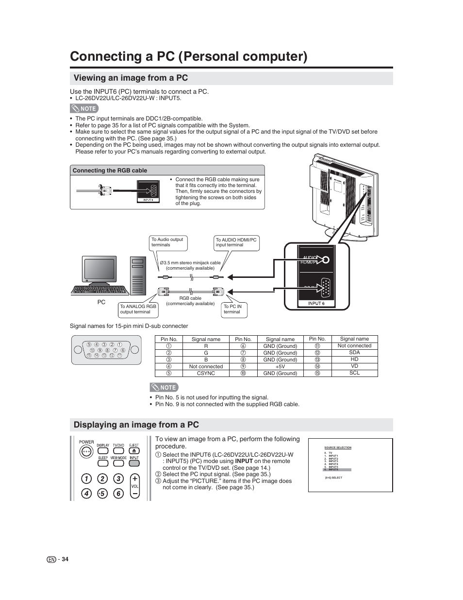 Connecting a pc (personal computer), Viewing an image from a pc, Displaying an image from a pc | Sharp LC-32DV22U User Manual | Page 36 / 62