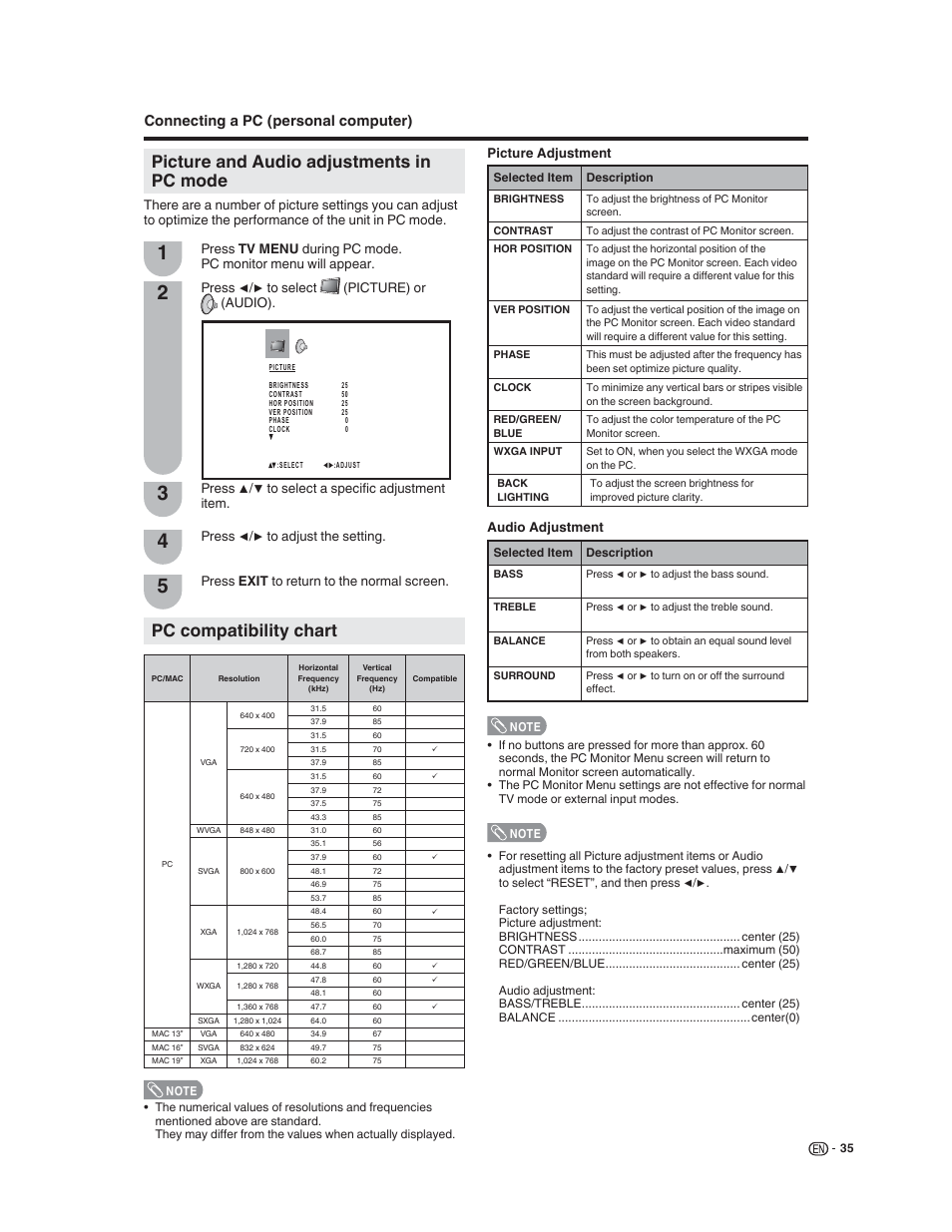 Pc compatibility chart, Picture and audio adjustments in pc mode, Connecting a pc (personal computer) | Sharp LC-32DV22U User Manual | Page 37 / 62