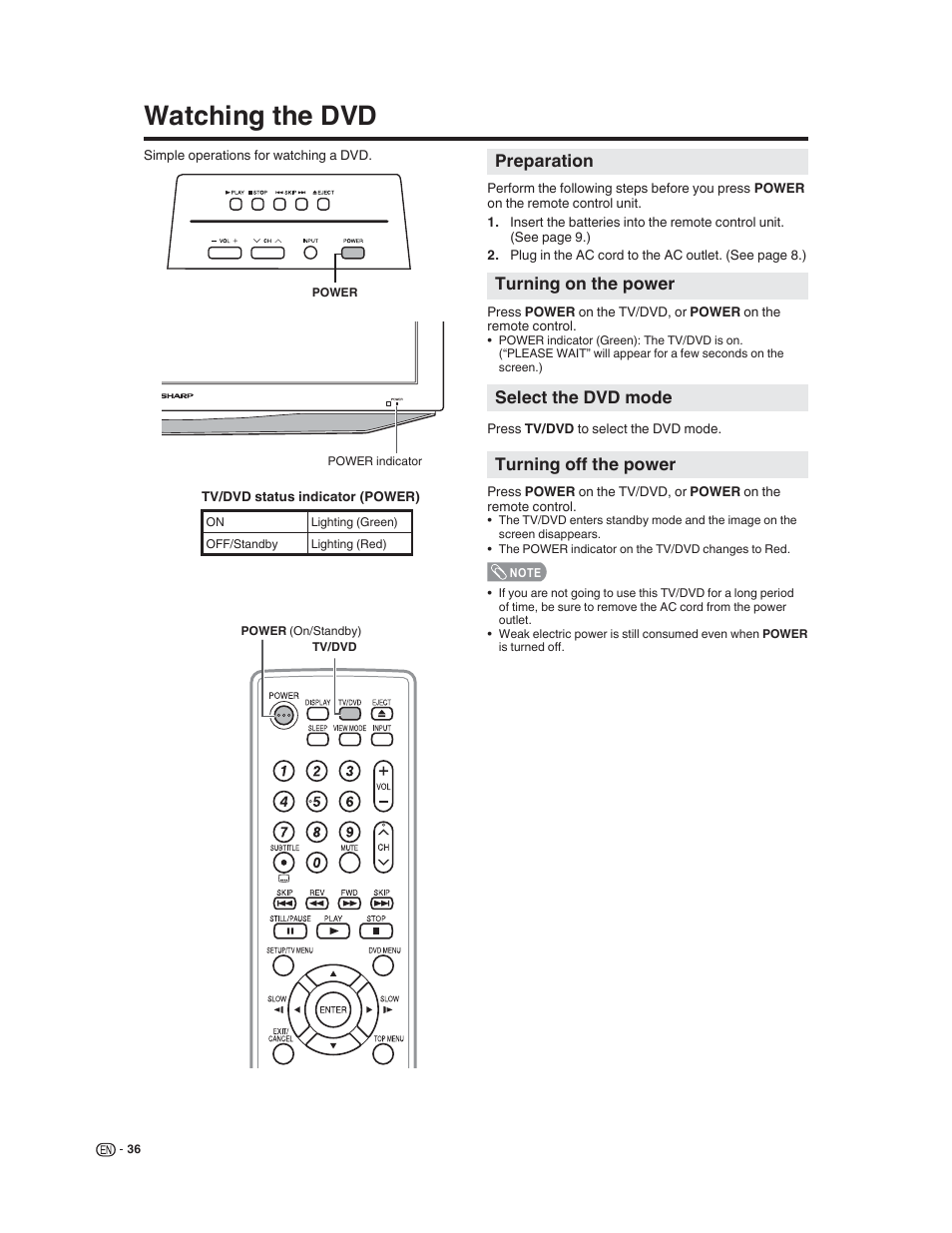 Watching the dvd, Turning on the power, Select the dvd mode | Turning off the power, Preparation | Sharp LC-32DV22U User Manual | Page 38 / 62