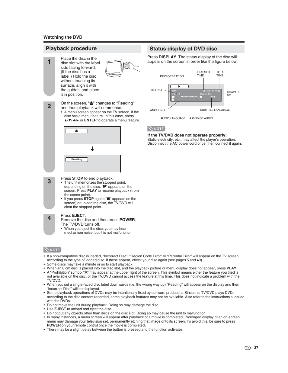 Playback procedure, Status display of dvd disc | Sharp LC-32DV22U User Manual | Page 39 / 62