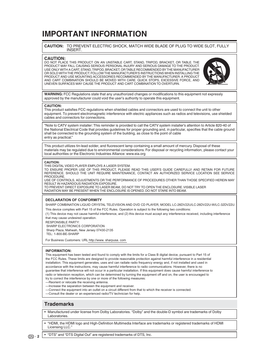 Important information, Trademarks | Sharp LC-32DV22U User Manual | Page 4 / 62