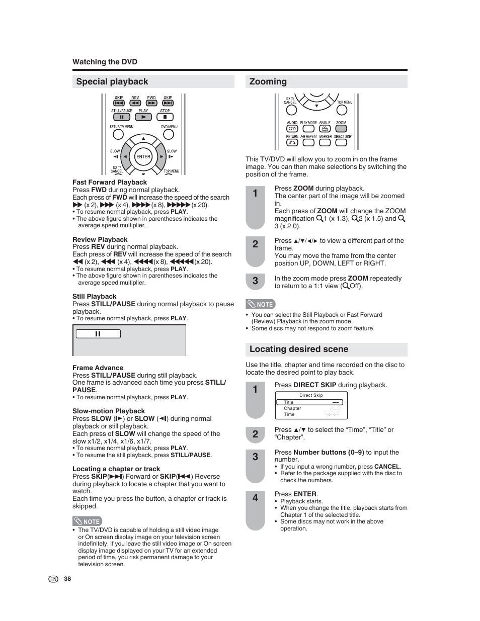 Special playback, Zooming, Locating desired scene | Sharp LC-32DV22U User Manual | Page 40 / 62