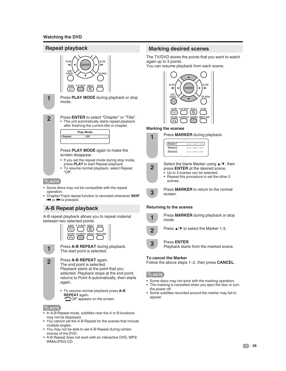 Repeat playback a-b repeat playback, Marking desired scenes | Sharp LC-32DV22U User Manual | Page 41 / 62