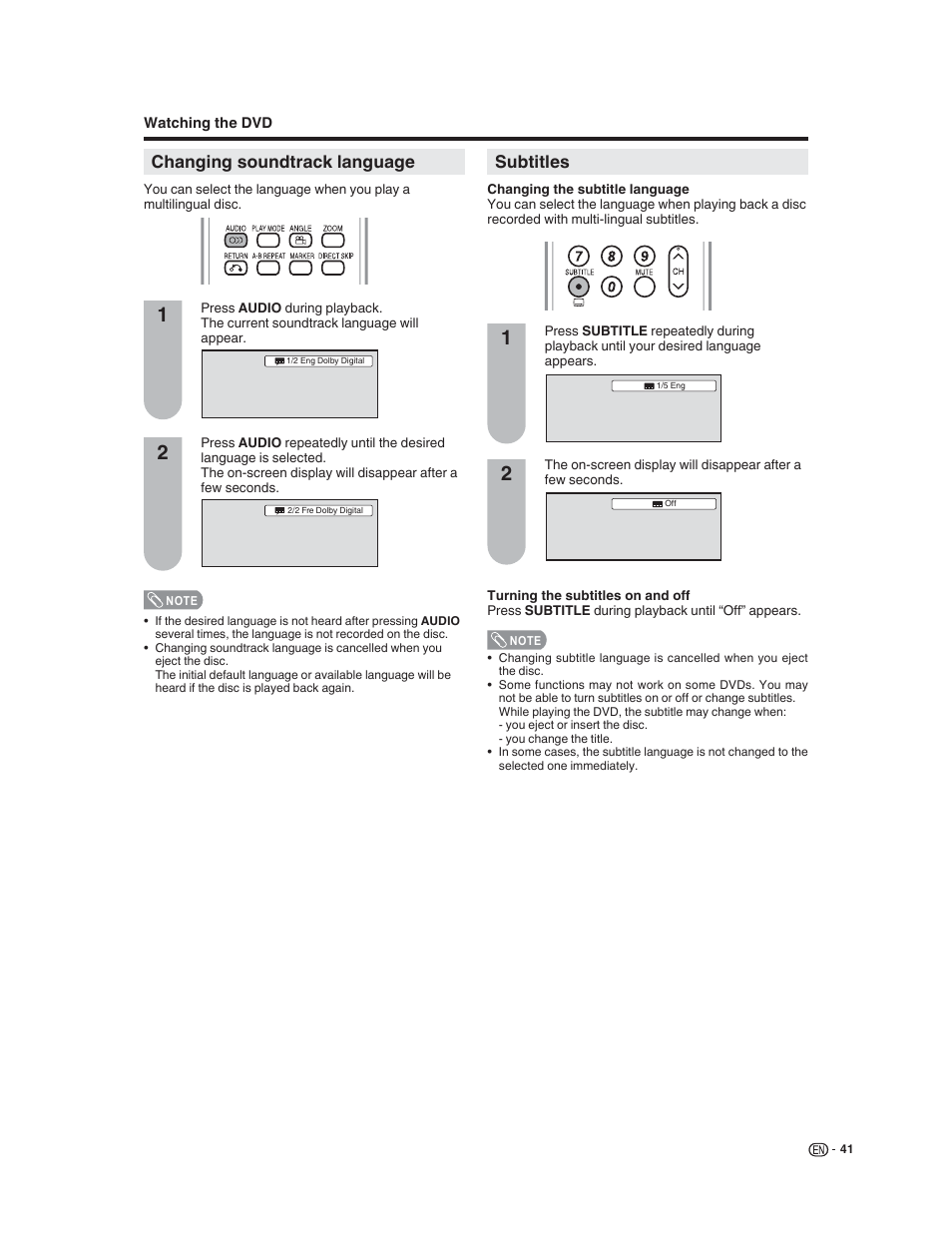 Changing soundtrack language, Subtitles | Sharp LC-32DV22U User Manual | Page 43 / 62