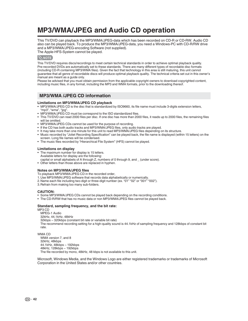 Mp3/wma/jpeg and audio cd operation, Mp3/wma /jpeg cd information | Sharp LC-32DV22U User Manual | Page 44 / 62