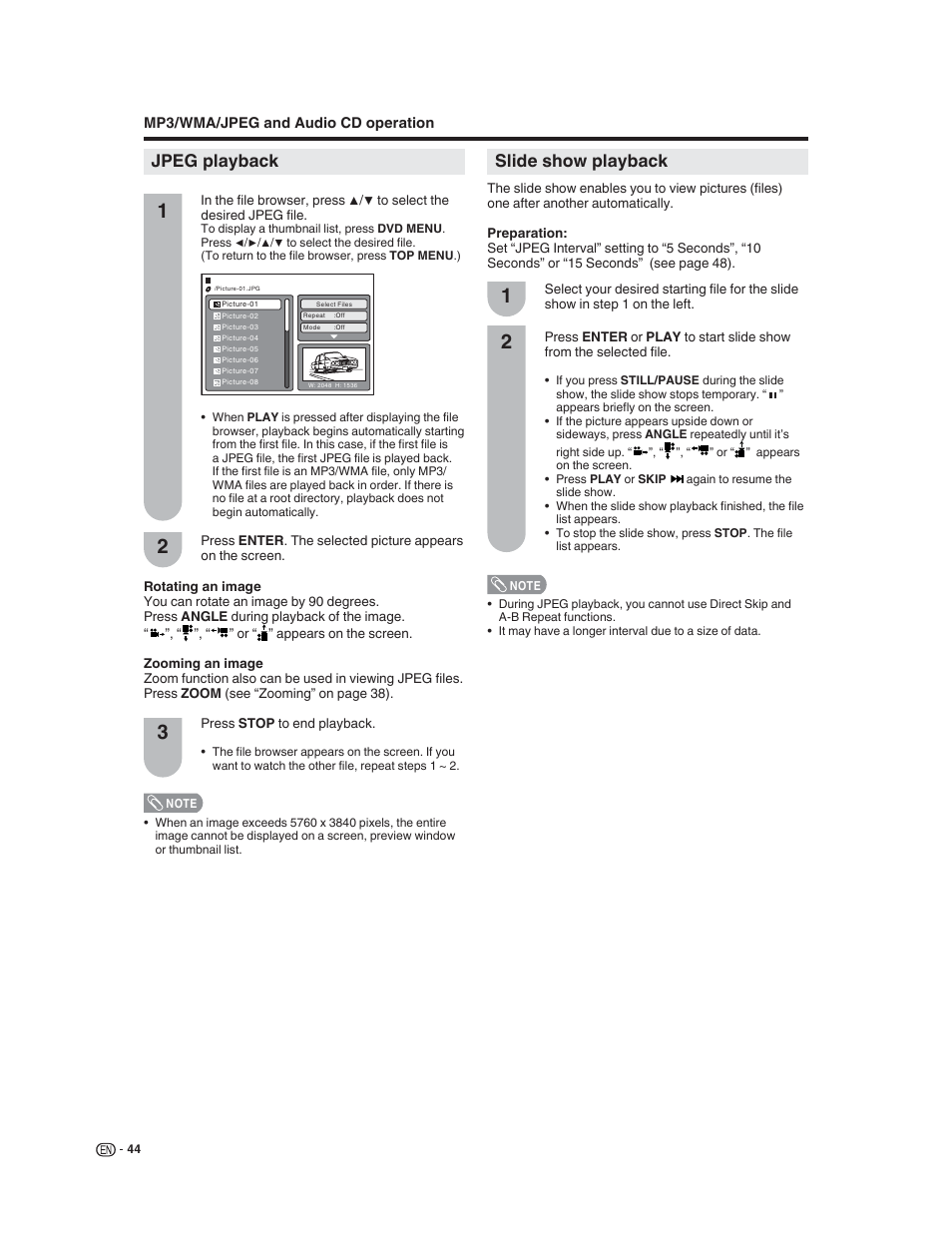 Jpeg playback, Slide show playback | Sharp LC-32DV22U User Manual | Page 46 / 62