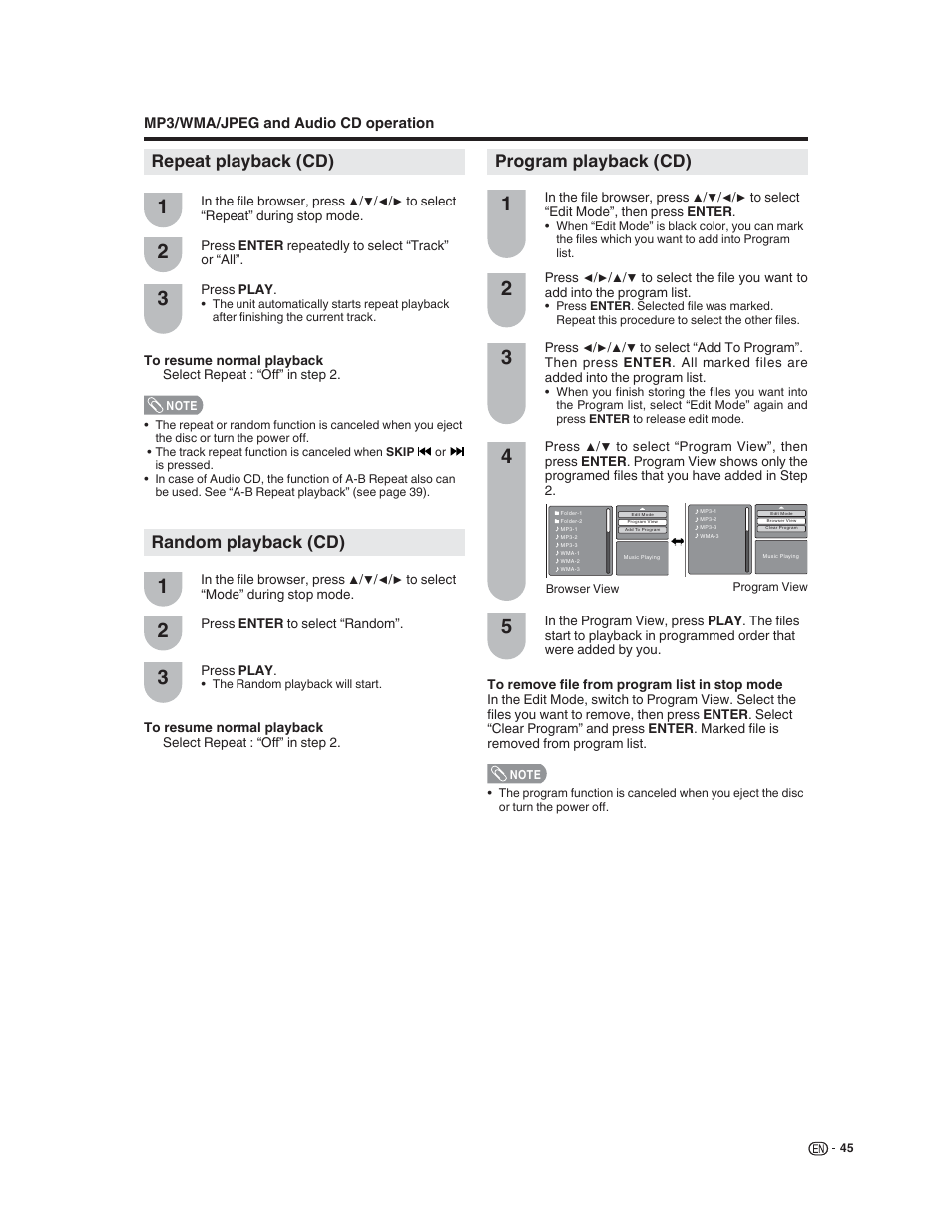 Repeat playback (cd) random playback (cd), Program playback (cd) | Sharp LC-32DV22U User Manual | Page 47 / 62