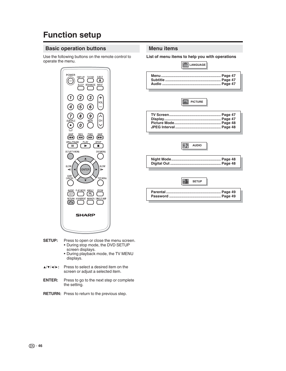 Function setup, Menu items, Basic operation buttons | Sharp LC-32DV22U User Manual | Page 48 / 62