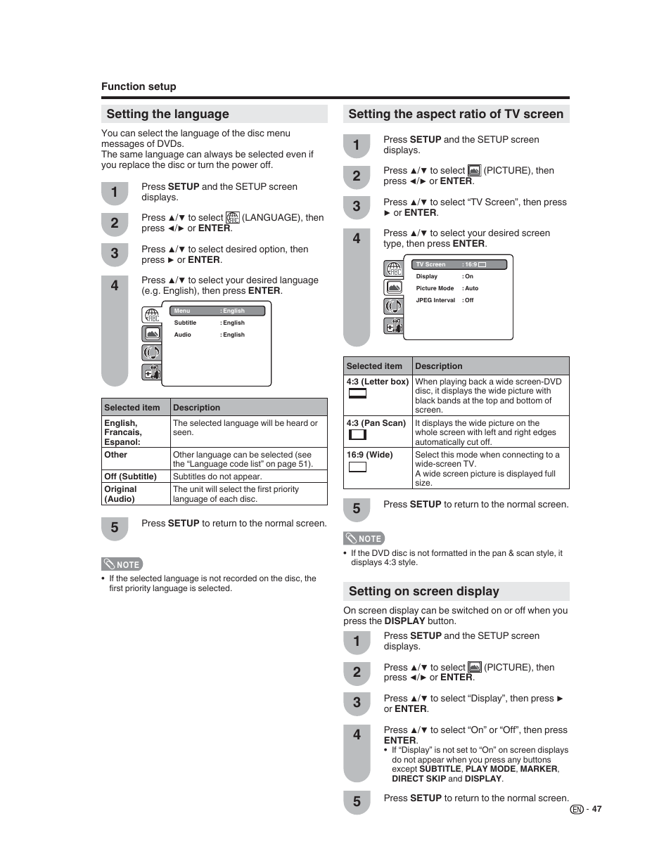 Setting the language, Setting the aspect ratio of tv screen, Setting on screen display | Sharp LC-32DV22U User Manual | Page 49 / 62