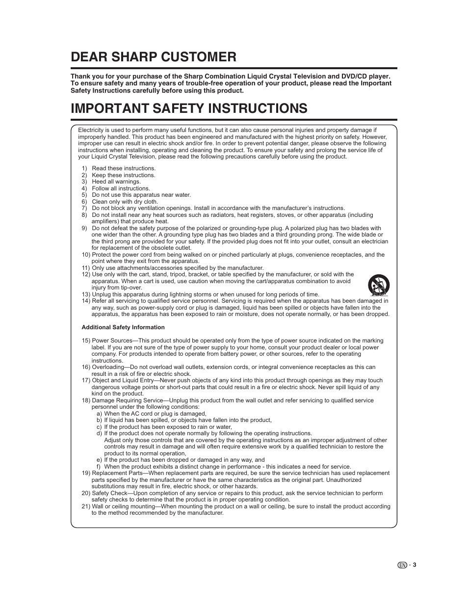 Dear sharp customer, Important safety instructions | Sharp LC-32DV22U User Manual | Page 5 / 62