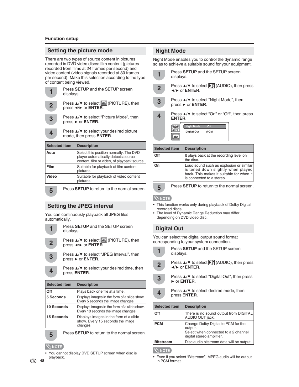 Setting the picture mode, Night mode, Setting the jpeg interval | Digital out | Sharp LC-32DV22U User Manual | Page 50 / 62