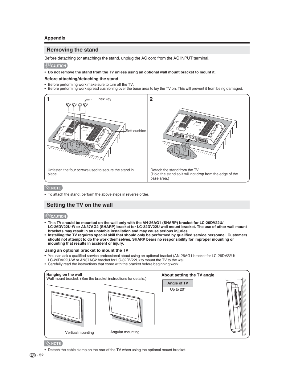 Removing the stand, Setting the tv on the wall | Sharp LC-32DV22U User Manual | Page 54 / 62