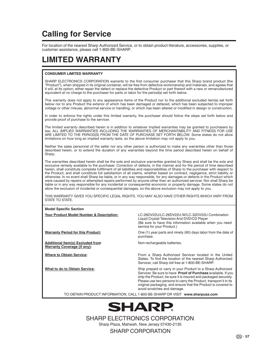 Calling for service limited warranty, Sharp electronics corporation, Sharp corporation | Sharp LC-32DV22U User Manual | Page 59 / 62