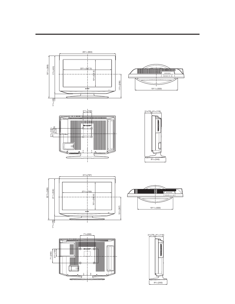 Dimensional drawings, Unit: inch/(mm) | Sharp LC-32DV22U User Manual | Page 61 / 62