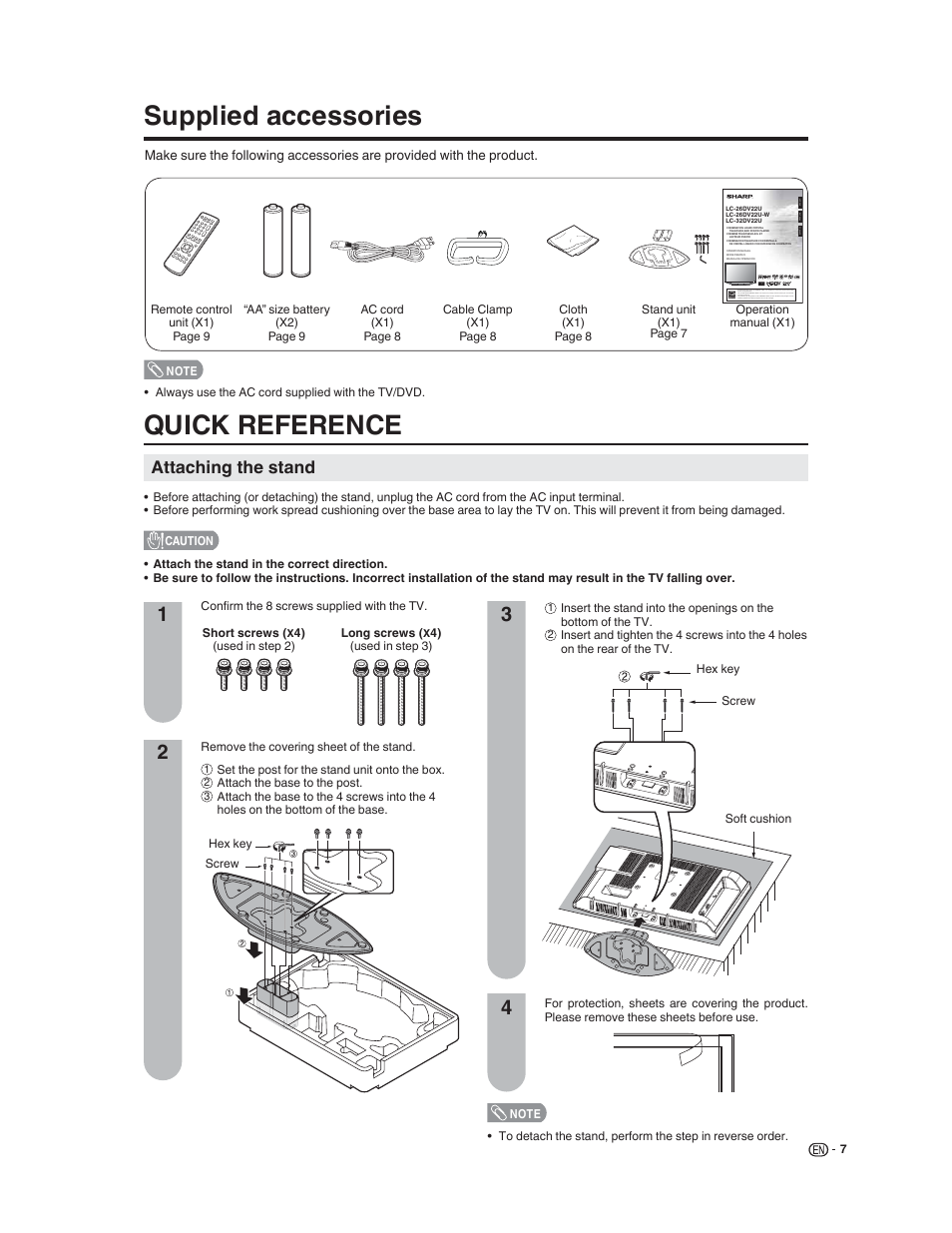 Quick reference, Supplied accessories, Attaching the stand | Sharp LC-32DV22U User Manual | Page 9 / 62