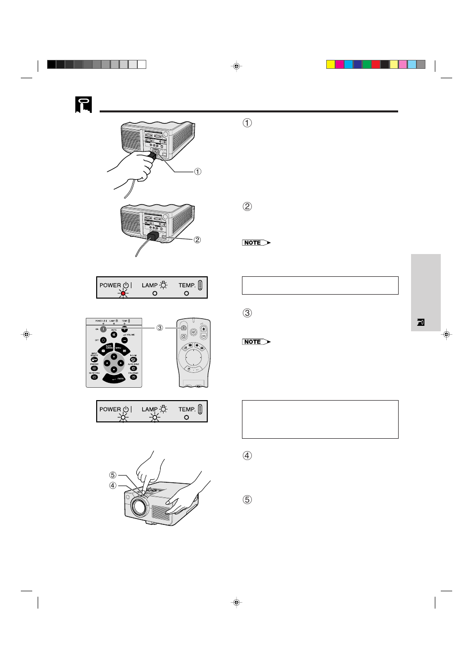 Basic operations, 1connect the power cord, 2turn on the main power | 3turn on the lamp power, 4adjusting focus, 5adjusting zoom | Sharp XG-NV5XU User Manual | Page 19 / 54