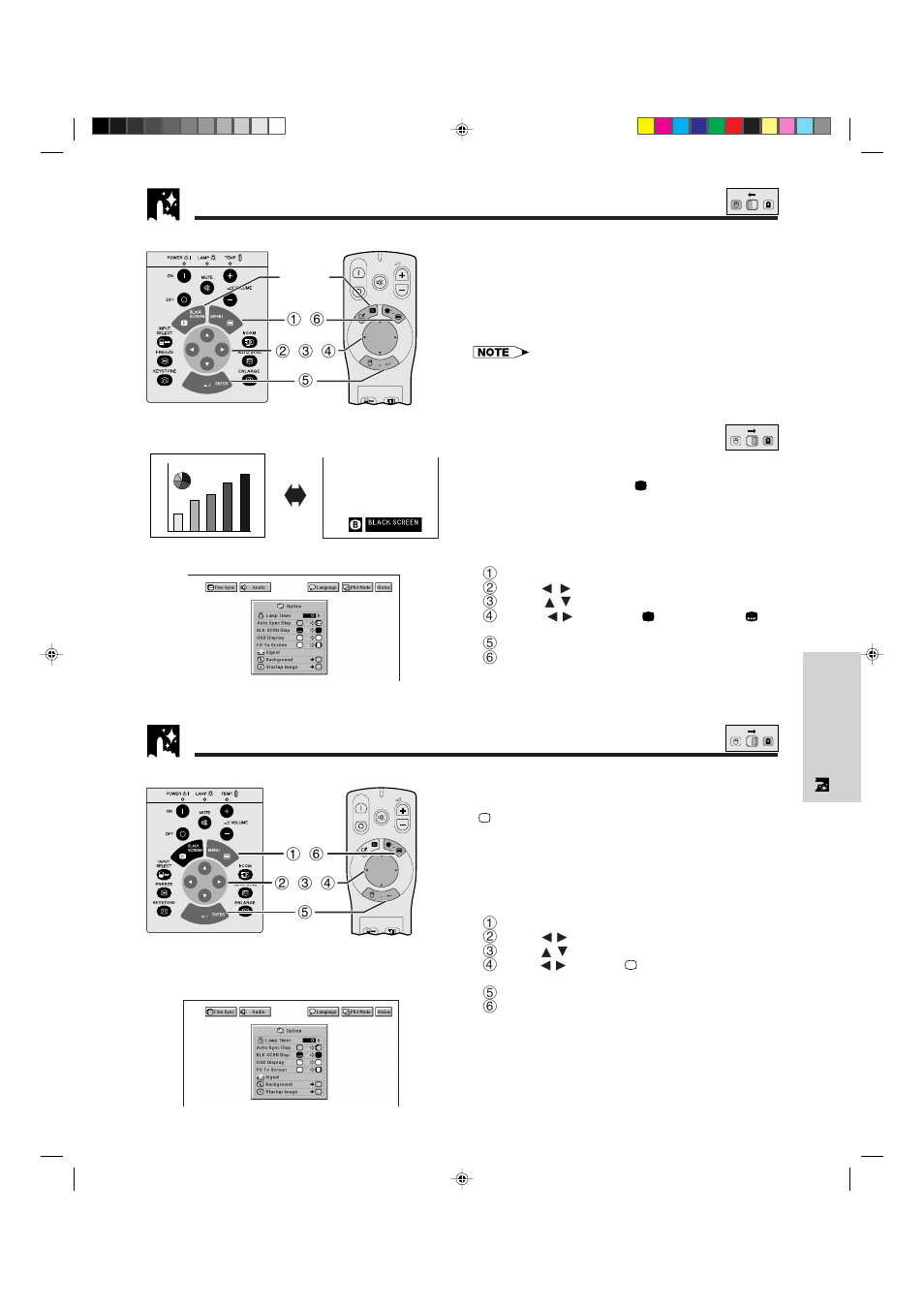 Black screen function, On-screen display override function, Blacking out the projected image | Turning off the on-screen display | Sharp XG-NV5XU User Manual | Page 31 / 54