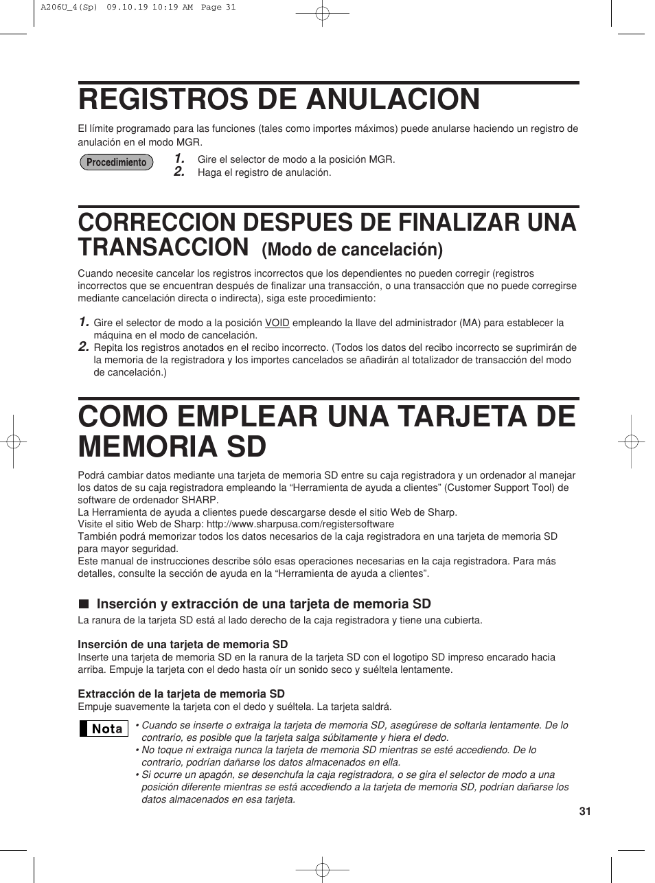 Registros de anulacion, Correccion despues de finalizar una transaccion, Modo de cancelación) | Sharp TINSZ2600RCZZ User Manual | Page 107 / 116