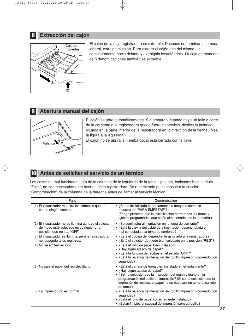 Abertura manual del cajón, Extracción del cajón, Antes de solicitar el servicio de un técnico | Sharp TINSZ2600RCZZ User Manual | Page 113 / 116