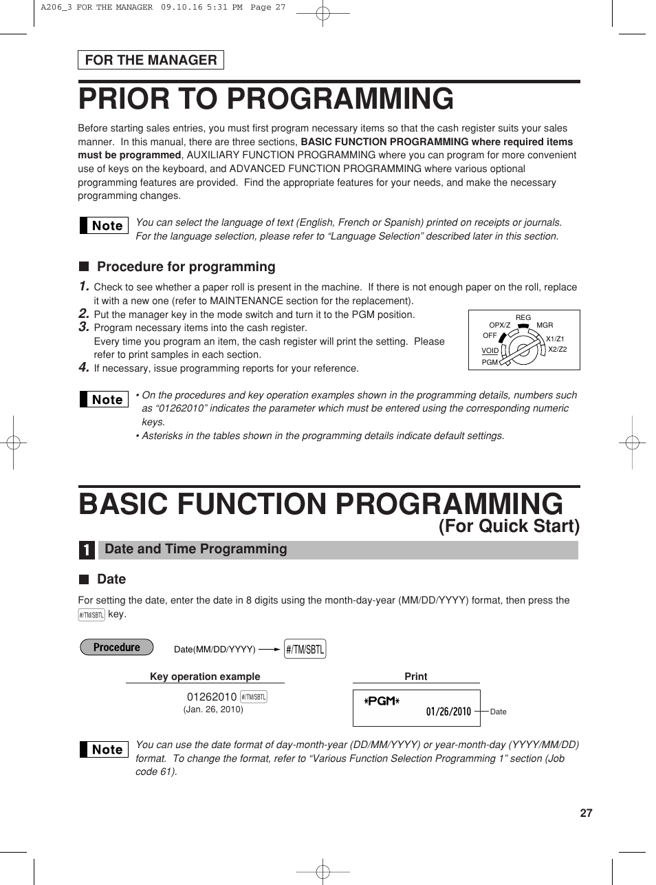 Prior to programming, Basic function programming, For quick start) | Sharp TINSZ2600RCZZ User Manual | Page 29 / 116