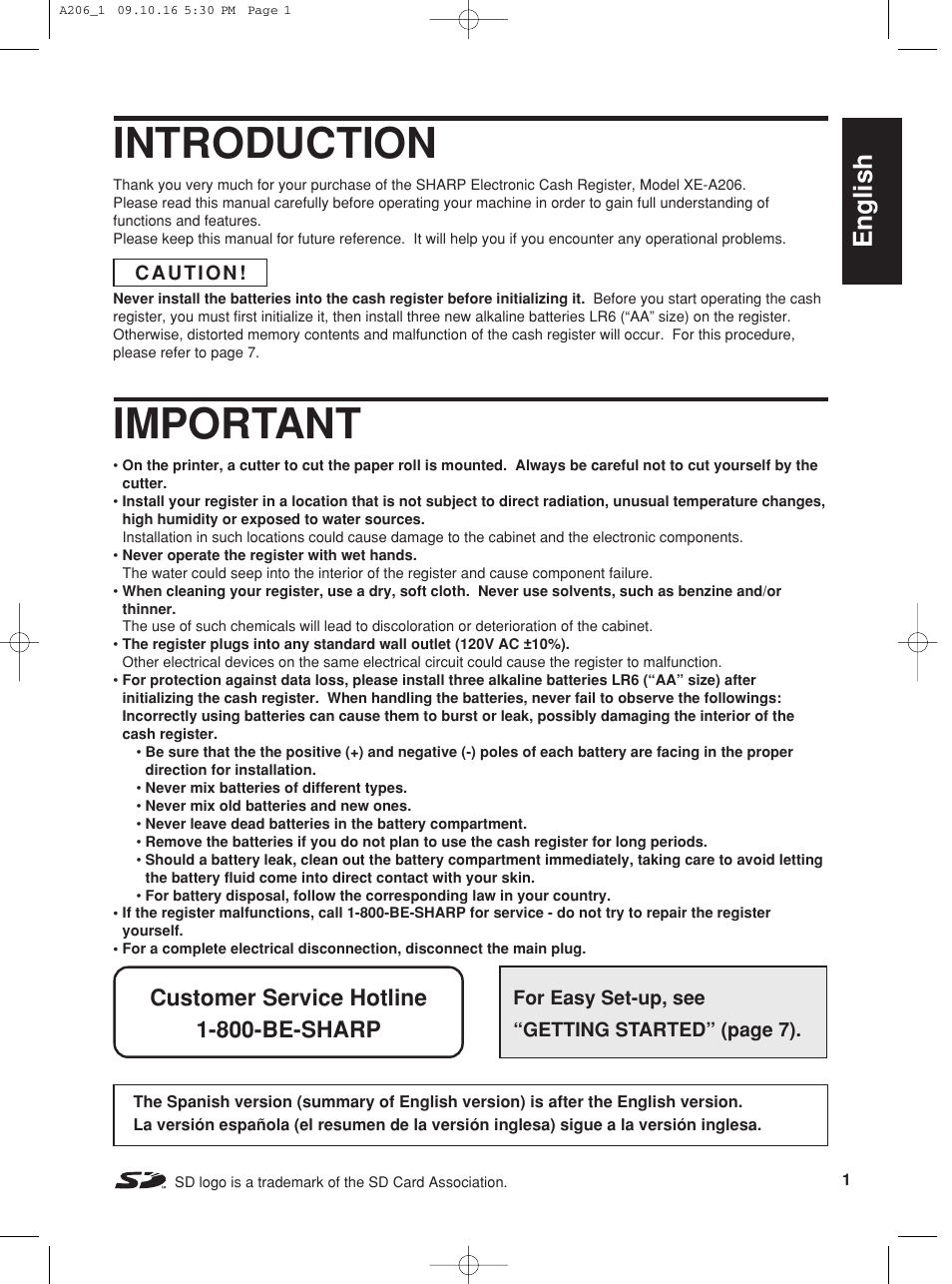 Introduction, Important, English | Customer service hotline 1-800-be-sharp | Sharp TINSZ2600RCZZ User Manual | Page 3 / 116