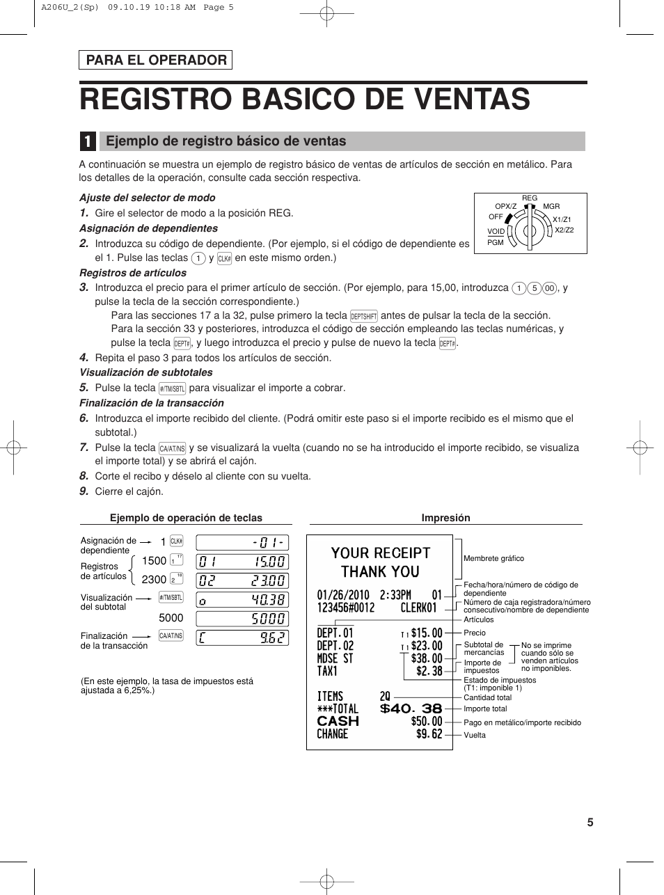 Registro basico de ventas, Para el operador, Ejemplo de registro básico de ventas | Sharp TINSZ2600RCZZ User Manual | Page 81 / 116