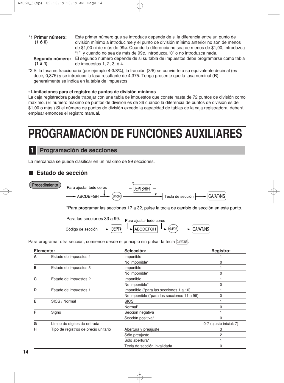 Programacion de funciones auxiliares, Estado de sección, Programación de secciones | Sharp TINSZ2600RCZZ User Manual | Page 90 / 116