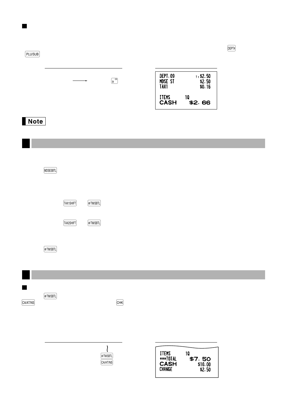 Single item cash sale (sics) entry, 4 displaying subtotals, 5 finalization of transaction | Cash or check tendering | Sharp XE-A401 User Manual | Page 19 / 113