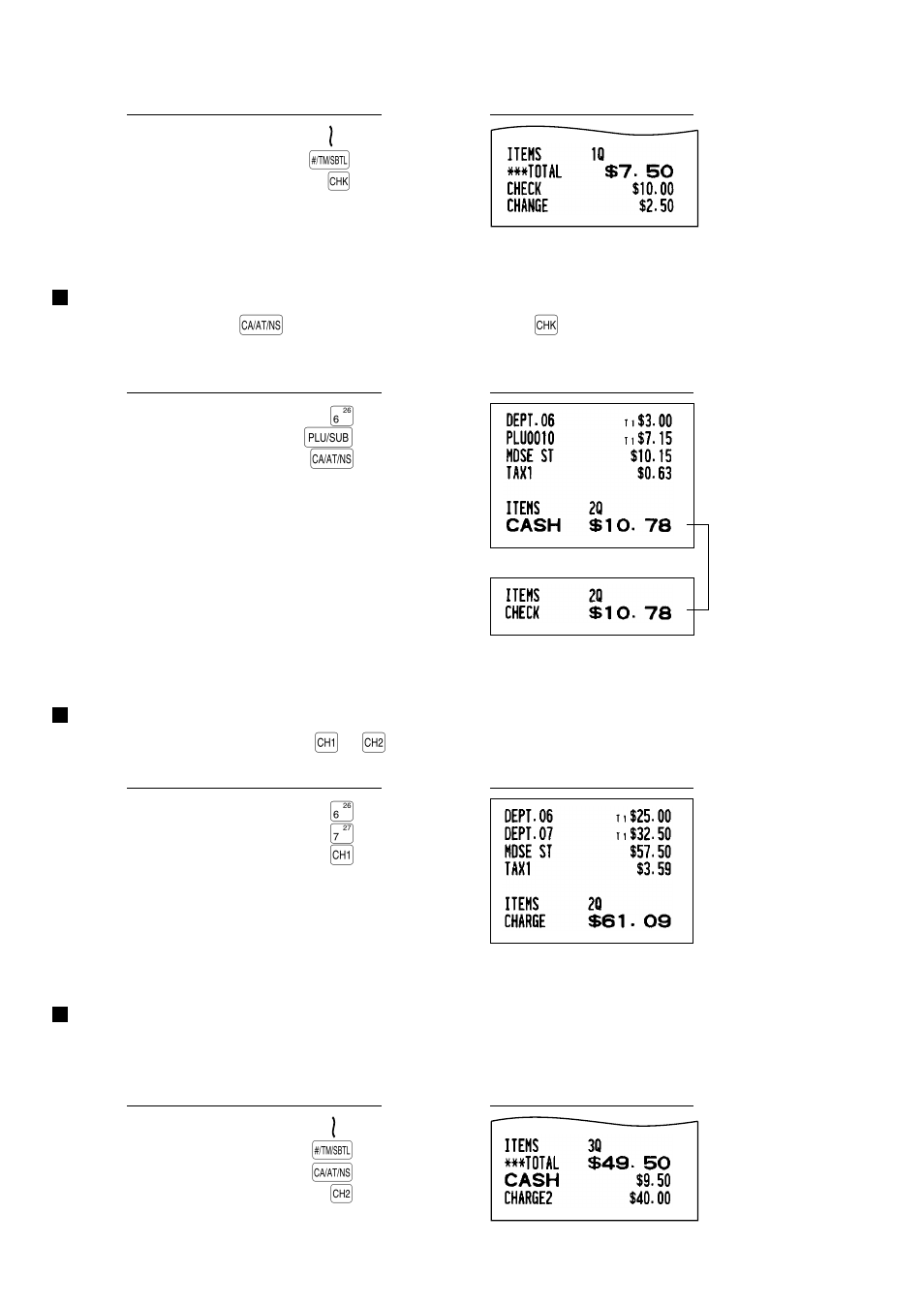 Cash or check sale that does not require entry, Charge (credit) sale, Mixed-tender sale | Sharp XE-A401 User Manual | Page 20 / 113