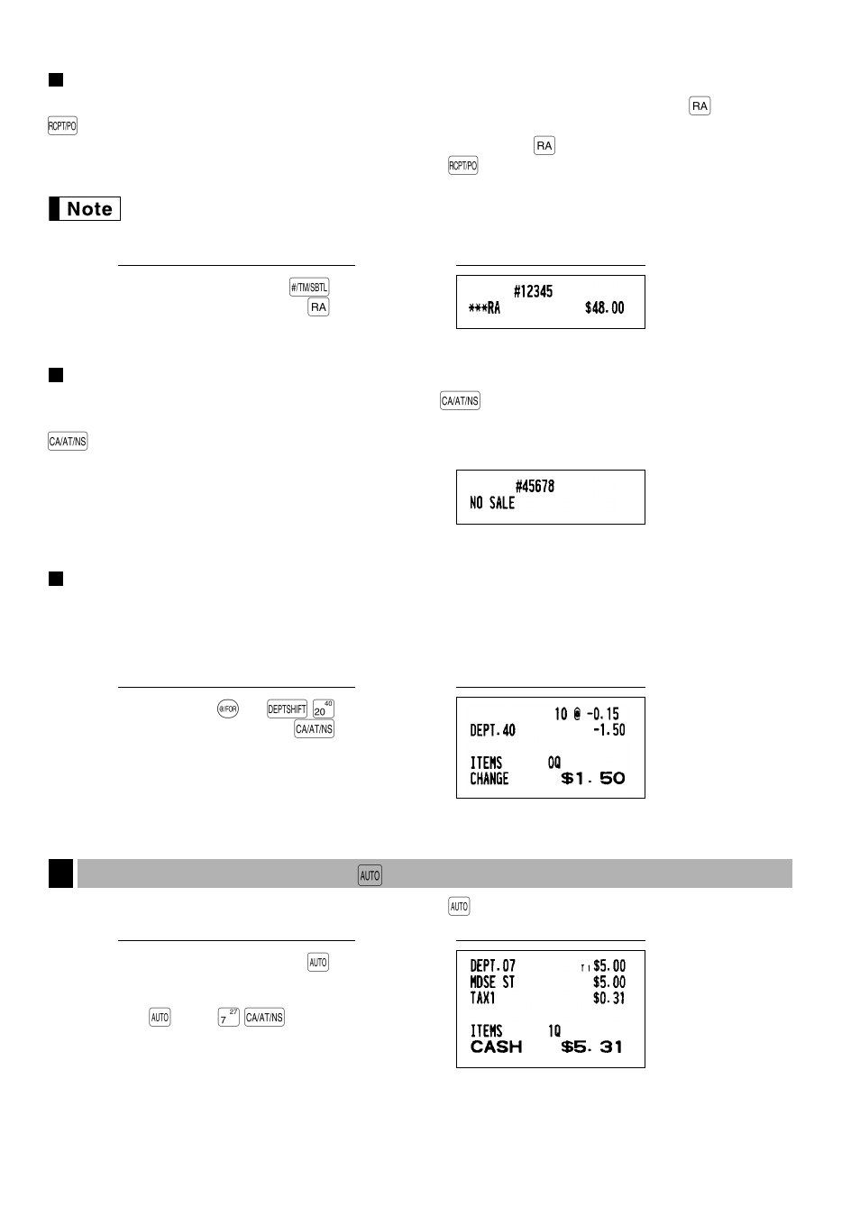 Received-on account and paid-out entries, No sale (exchange), Bottle return | 3 automatic sequencing key entries, 3 automatic sequence key, Key) entries, D π a | Sharp XE-A401 User Manual | Page 26 / 113