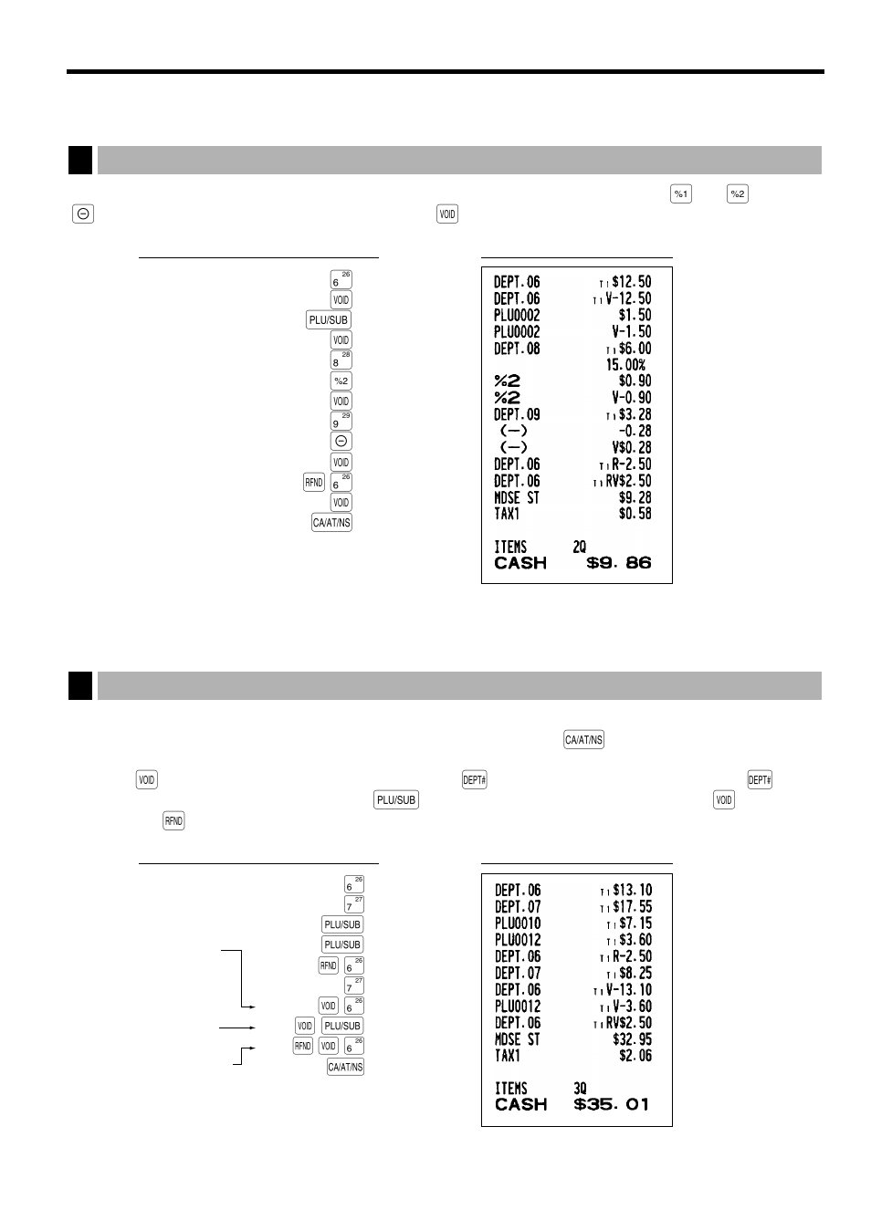 Correction, 1 correction of the last entry (direct void), Section. for | F § v a | Sharp XE-A401 User Manual | Page 27 / 113