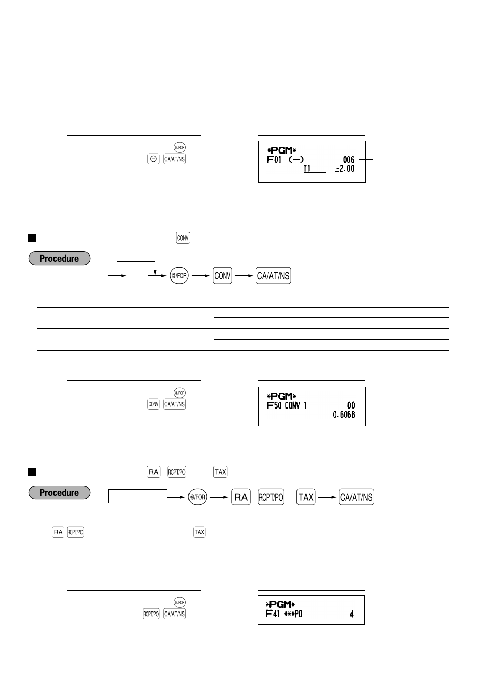 Function parameters for [conv, Entry digit limit for [ra] , [rcpt/po] and [tax, Function parameters for | Entry digit limit for, A@ r | Sharp XE-A401 User Manual | Page 40 / 113