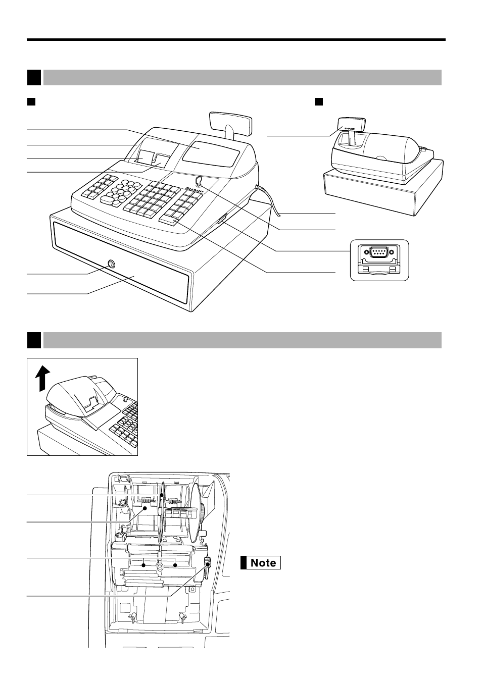 Parts and their functions, 1 external view, Front view | Rear view, 2 printer, 1 external view 2 printer, Front view rear view external view, Printer | Sharp XE-A401 User Manual | Page 6 / 113