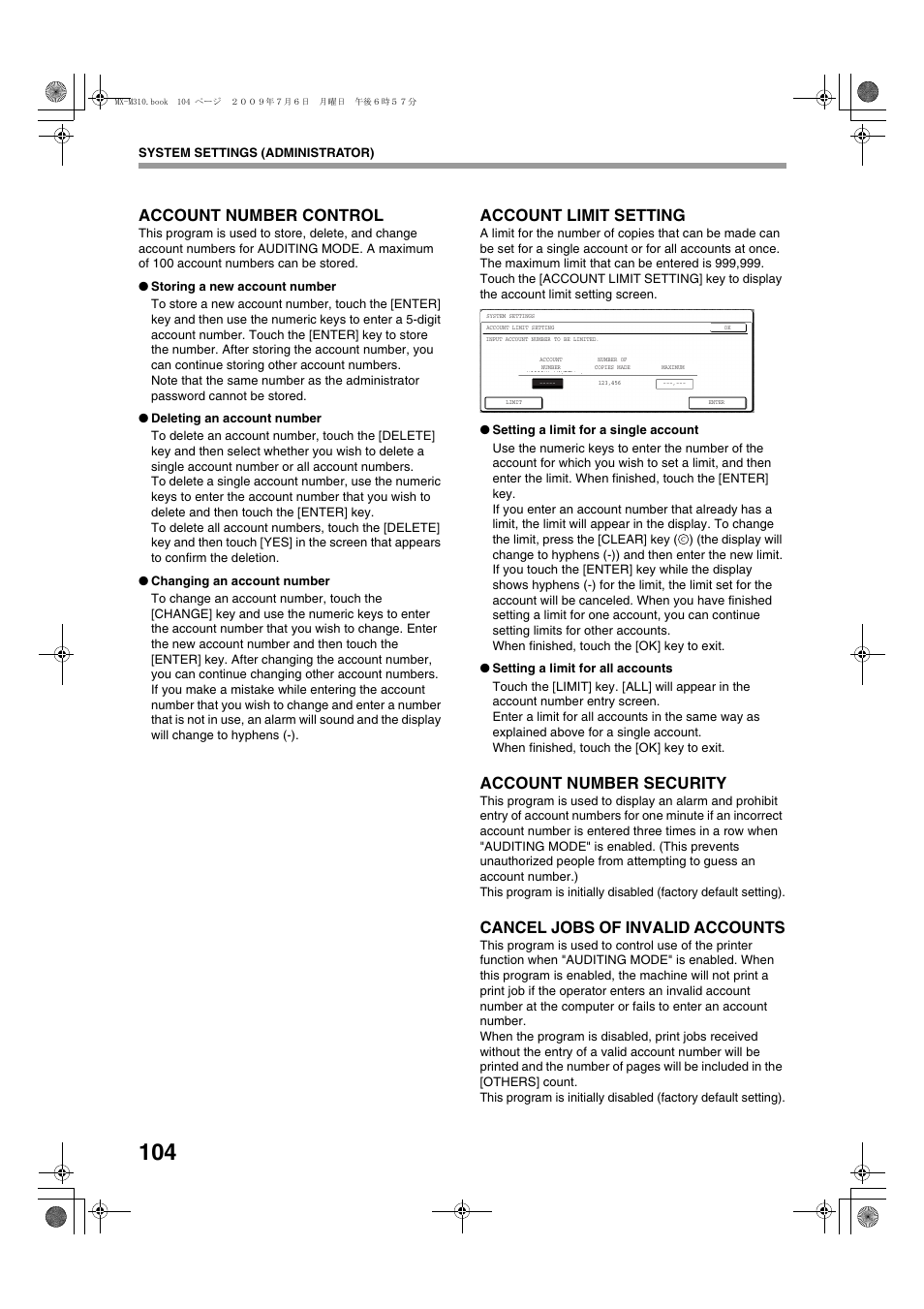 Account number control, Account limit setting, Account number security | Cancel jobs of invalid accounts | Sharp TINSE2026QSZZ User Manual | Page 106 / 168