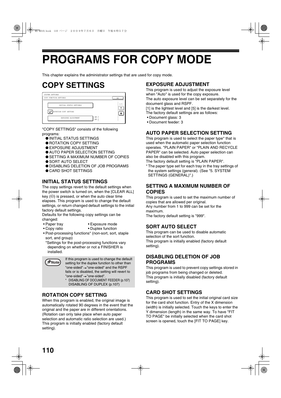 Programs for copy mode, Copy settings | Sharp TINSE2026QSZZ User Manual | Page 112 / 168