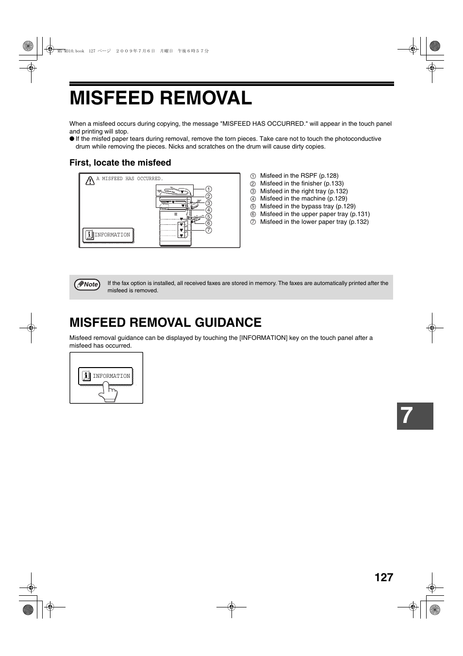 Misfeed removal, Misfeed removal guidance, First, locate the misfeed | Sharp TINSE2026QSZZ User Manual | Page 129 / 168