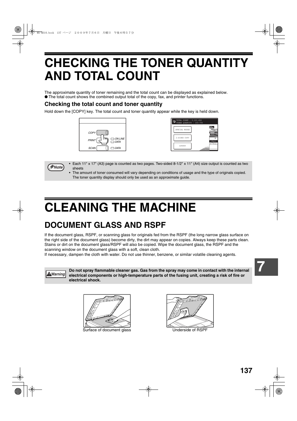Checking the toner quantity and total count, Cleaning the machine, Document glass and rspf | Checking the total count and toner quantity | Sharp TINSE2026QSZZ User Manual | Page 139 / 168
