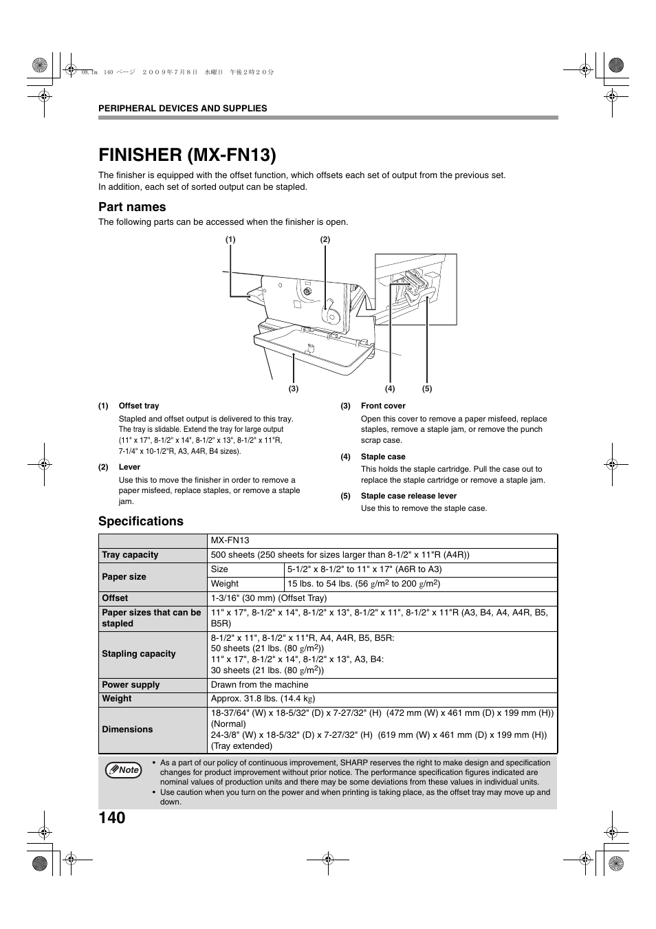 Finisher (mx-fn13), Part names, Specifications | Sharp TINSE2026QSZZ User Manual | Page 142 / 168