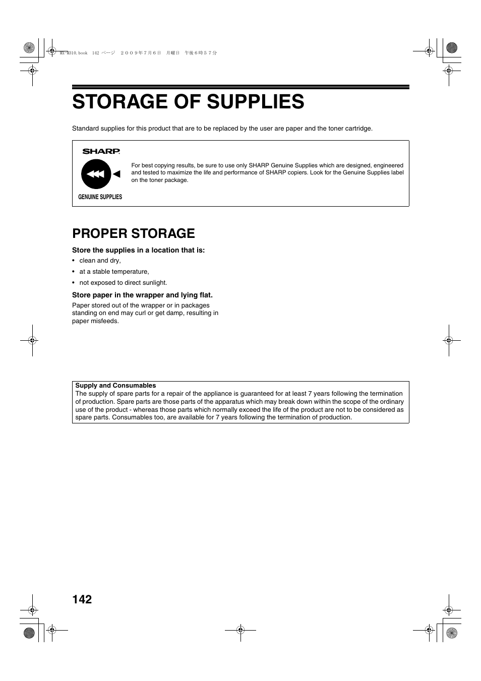 Storage of supplies, Proper storage | Sharp TINSE2026QSZZ User Manual | Page 144 / 168