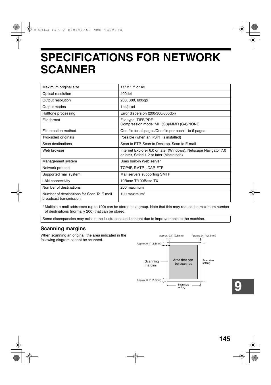 Specifications for network scanner, Scanning margins | Sharp TINSE2026QSZZ User Manual | Page 147 / 168