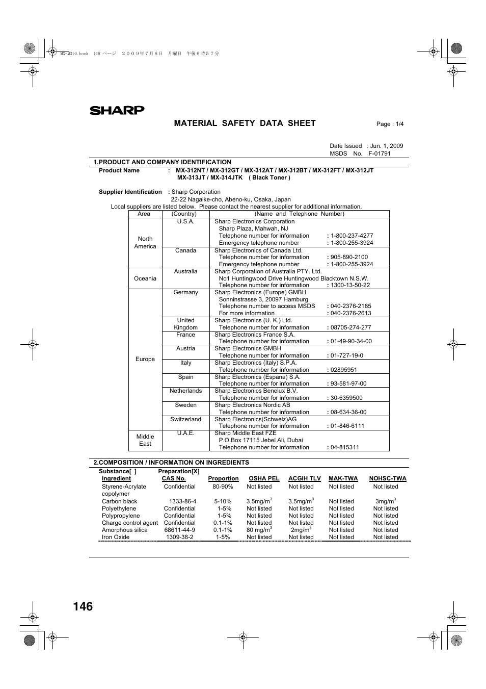 Material safety data sheet | Sharp TINSE2026QSZZ User Manual | Page 148 / 168