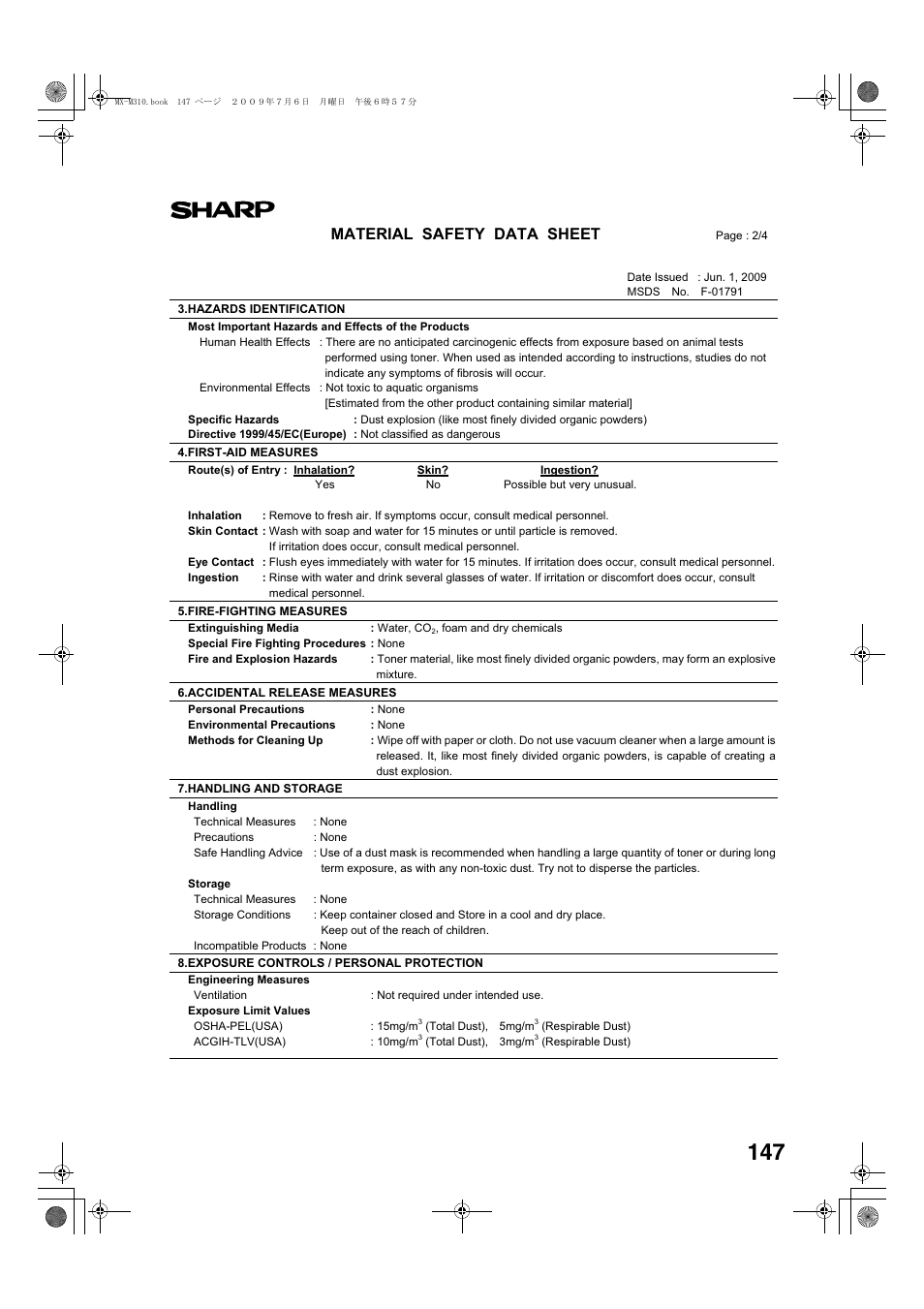 Material safety data sheet | Sharp TINSE2026QSZZ User Manual | Page 149 / 168