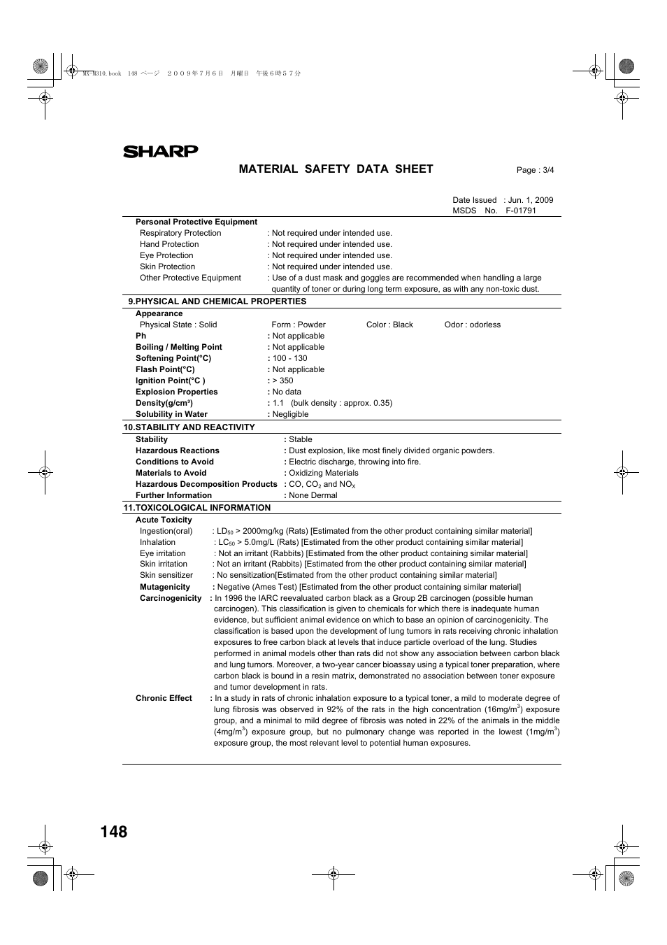 Material safety data sheet | Sharp TINSE2026QSZZ User Manual | Page 150 / 168