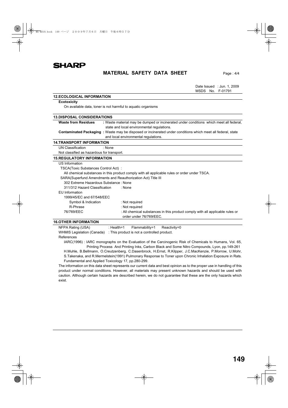 Material safety data sheet | Sharp TINSE2026QSZZ User Manual | Page 151 / 168