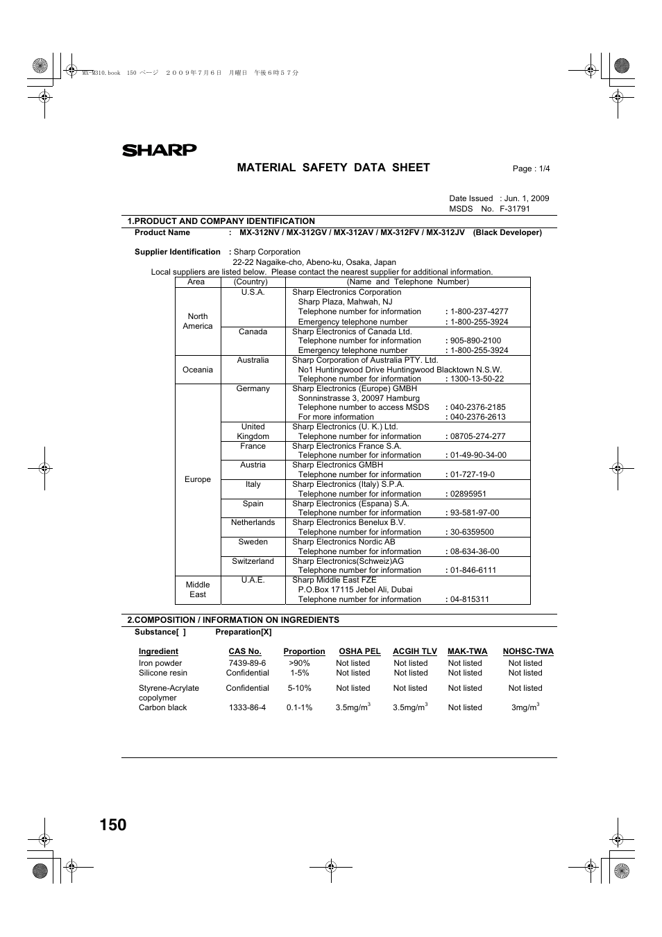 Material safety data sheet | Sharp TINSE2026QSZZ User Manual | Page 152 / 168