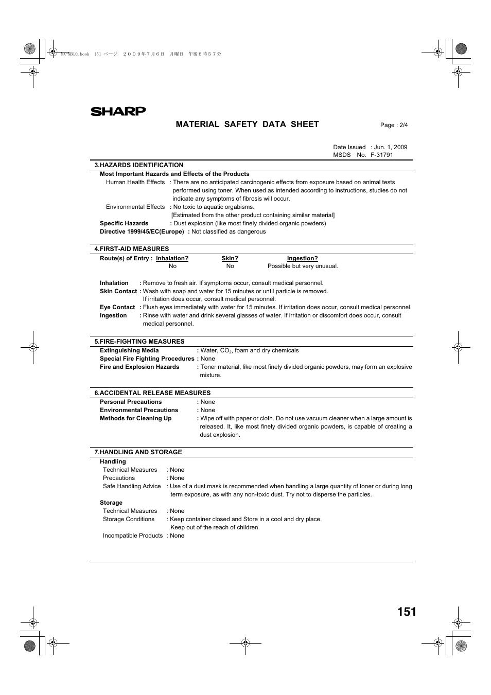 Material safety data sheet | Sharp TINSE2026QSZZ User Manual | Page 153 / 168