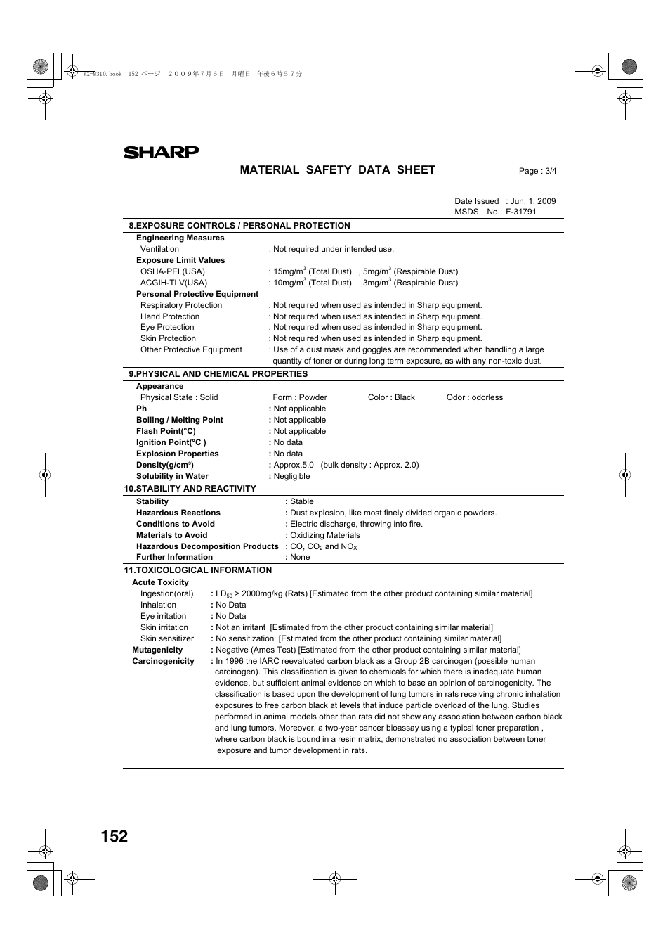 Material safety data sheet | Sharp TINSE2026QSZZ User Manual | Page 154 / 168